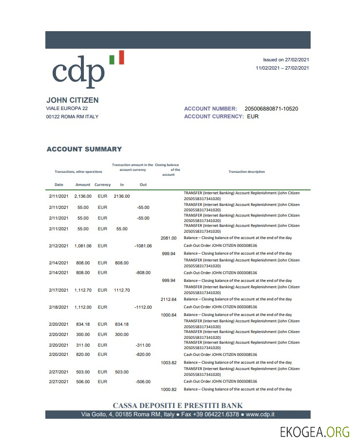 Relevé bancaire Italie Cassa Depositi e Prestiti modèle facile à remplir au format de fichier .xls et .pdf